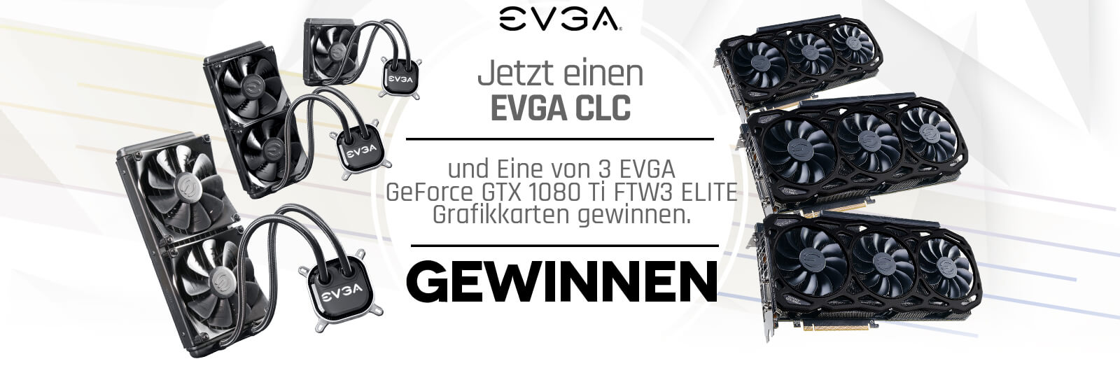 Jetzt einen EVGA CLC Kühler kaufen und Eine von 3 EVGA GeForce GTX 1080 Ti FTW3 ELITE Grafikkarten gewinnen.