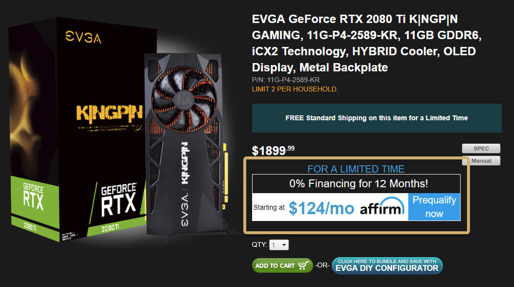 EVGA Product Page layout showing Affirm