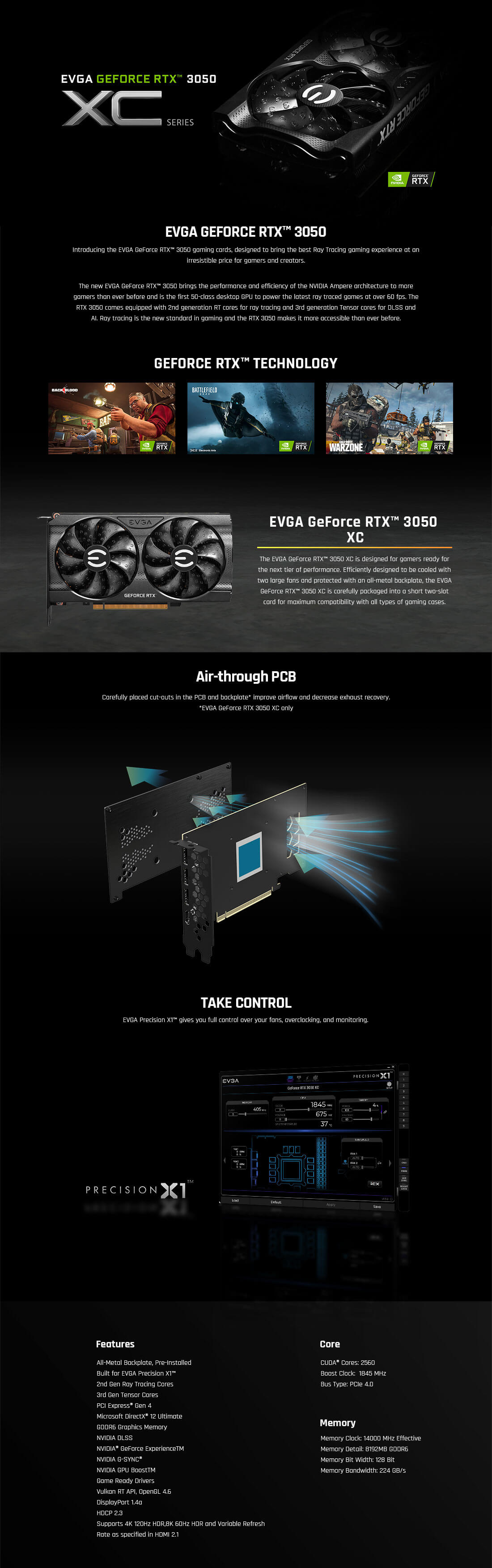 EVGA GeForce RTX 3050 XC GAMING, 08G-P5-3553-KR, 8GB GDDR6, Dual-Fan, Metal Backplate