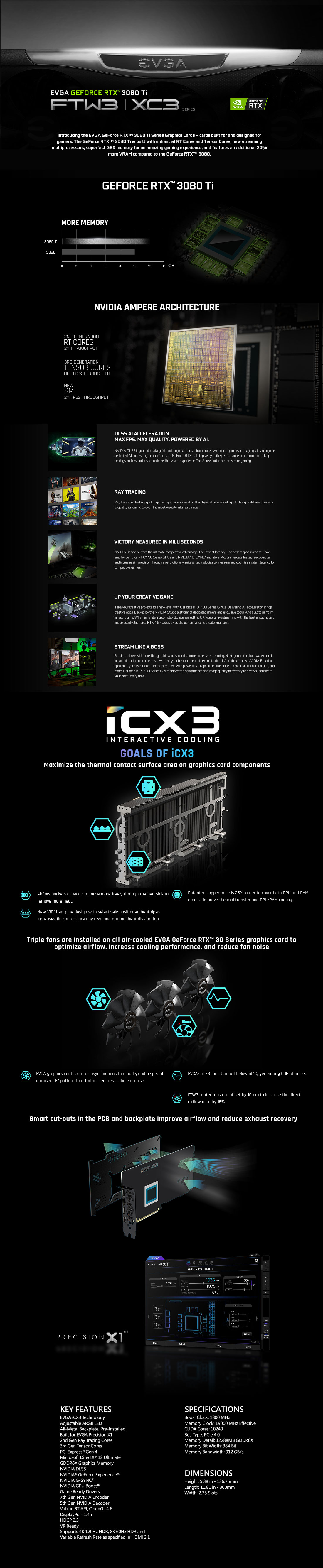 EVGA GeForce RTX 3080 Ti FTW3 ULTRA GAMING, 12G-P5-3967-KR, 12GB GDDR6X, iCX3 Technology, ARGB LED, Metal Backplate