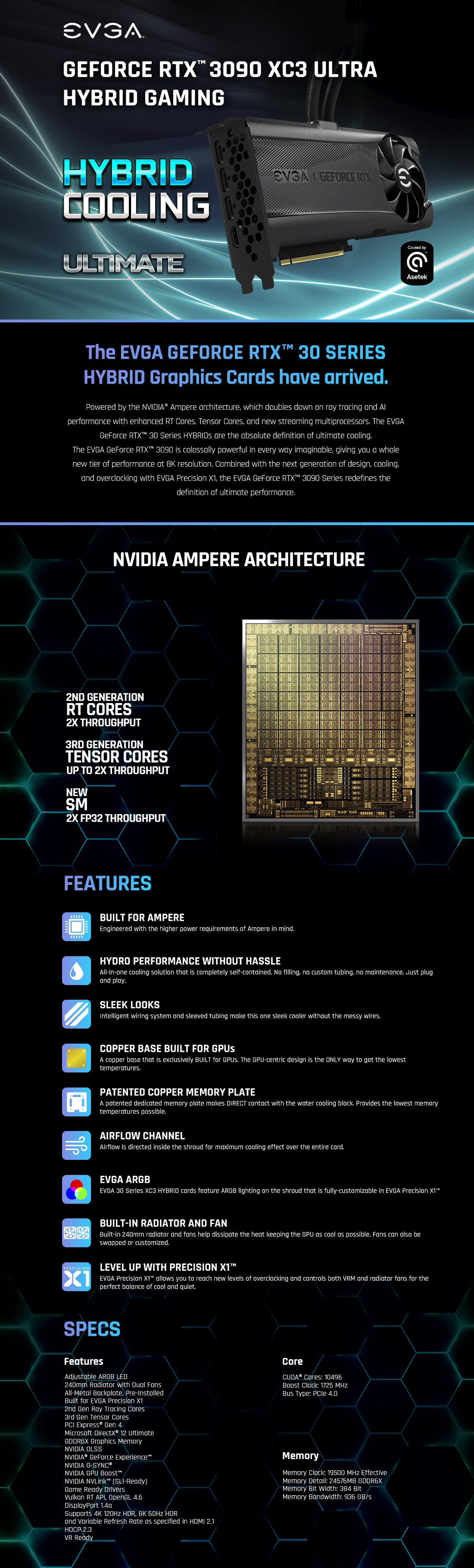 EVGA GeForce RTX 3090 XC3 ULTRA HYBRID GAMING, 24G-P5-3978-KR, 24GB GDDR6X, ARGB LED, Metal Backplate
