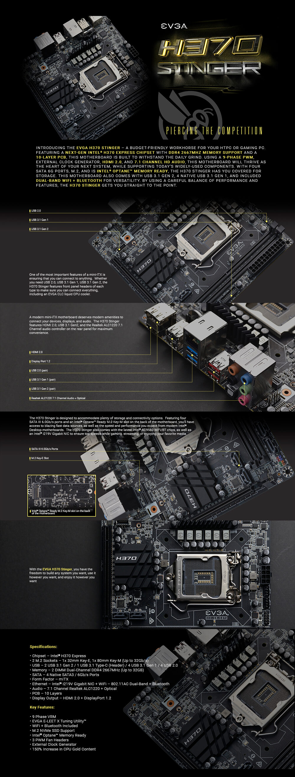 mITX EVGA H370 Stinger Intel H370 USB 3.1 Intel Motherboard 111-CS-E371-KR SATA 6Gb/s LGA 1151 