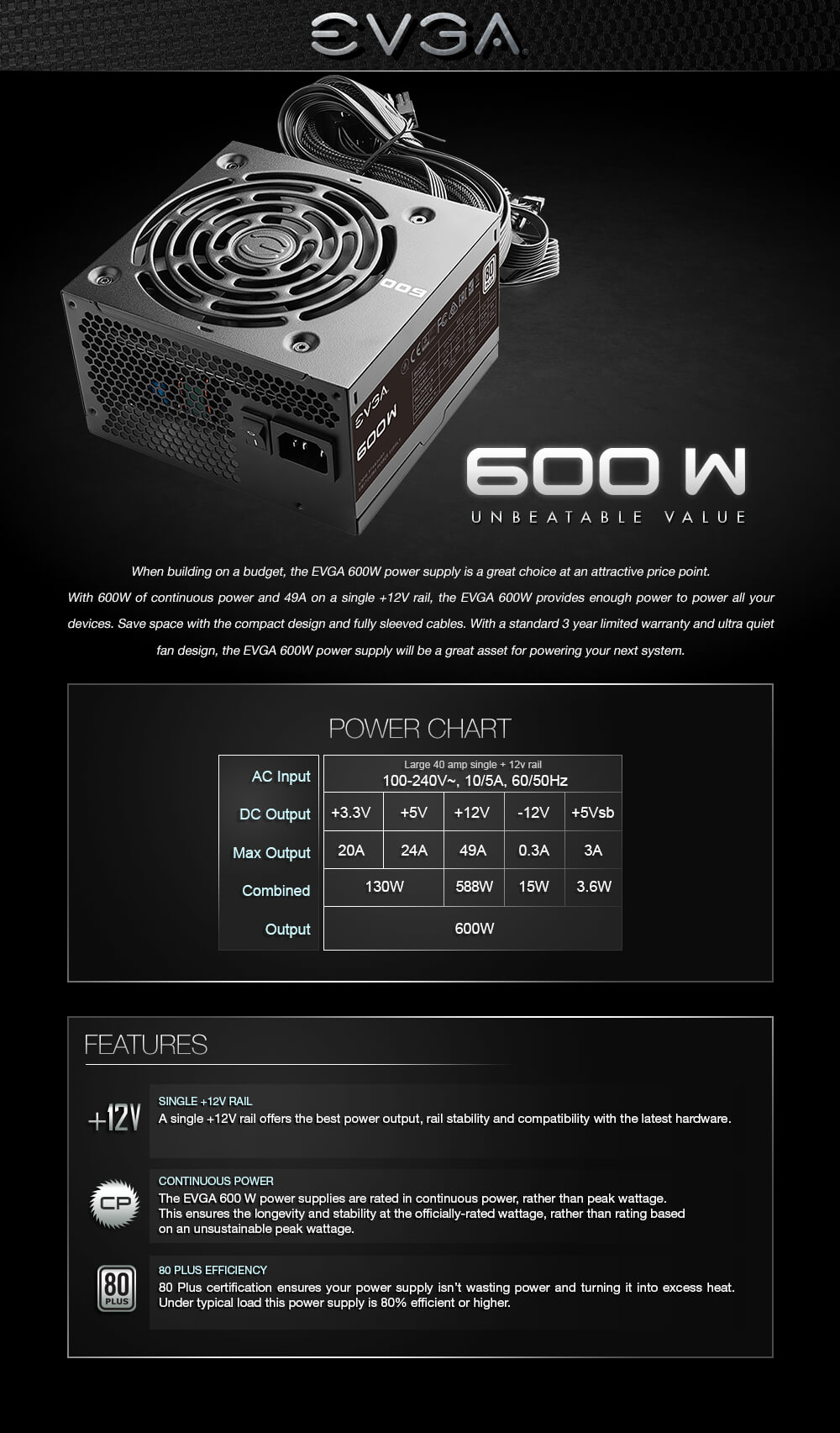EVGA 600 W1, 80+ WHITE 600W, 3 Ans de Garantie, Alimentation PC
