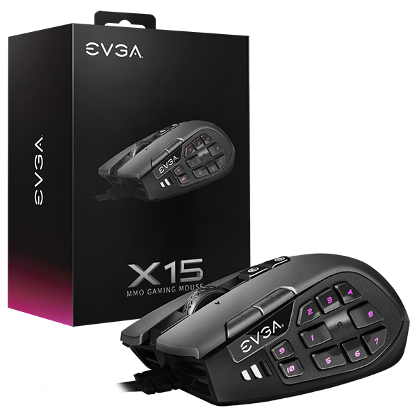 EVGA 904-W1-15BK-KR  X15 MMO Gaming Mouse, 8k, Wired, Black, Customizable, 16,000 DPI, 5 Profiles, 20 Buttons, Ergonomic 904-W1-15BK-KR