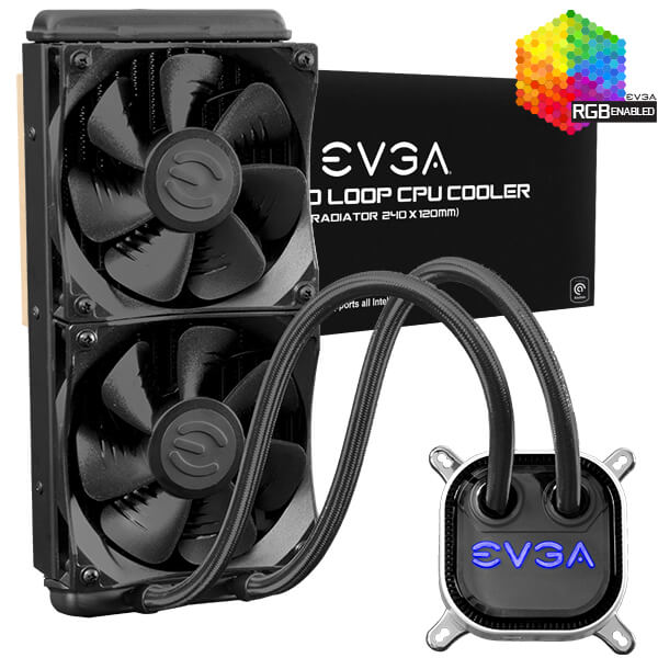 EVGA 400-HY-CL24-V1  CLC 240mm All-In-One RGB LED CPU Liquid Cooler, 2x FX12 120mm PWM Fans, Intel, AMD, 5 YR Warranty, 400-HY-CL24-V1