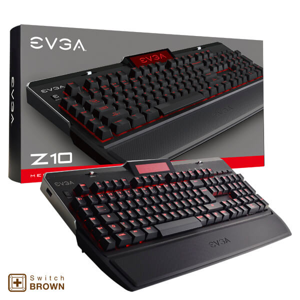 EVGA 802-ZT-N102-KR  Z10 Gaming Keyboard, Red Backlit LED, Mechanical Brown Switches, Onboard LCD Display, Macro Gaming Keys, FR Layout