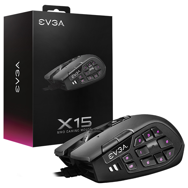 EVGA 904-W1-15BK-KR  X15 MMO Gaming Mouse, 8k, Wired, Black, Customizable, 16,000 DPI, 5 Profiles, 20 Buttons, Ergonomic 904-W1-15BK-KR