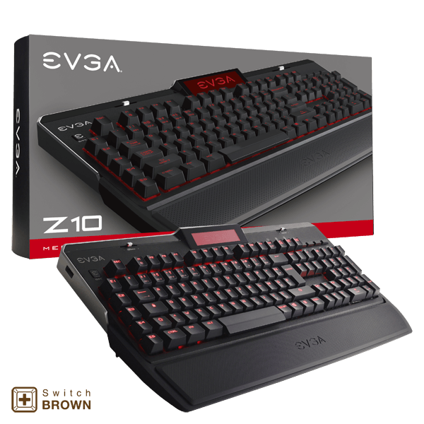EVGA 802-ZT-N102-KR  Z10 Gaming Keyboard, Red Backlit LED, Mechanical Brown Switches, Onboard LCD Display, Macro Gaming Keys, FR Layout