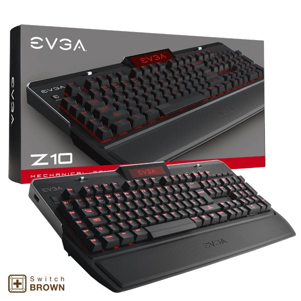 EVGA 802-ZT-N104-KR  Z10 Gaming Keyboard, Red Backlit LED, Mechanical Brown Switches, Onboard LCD Display, Macro Gaming Keys, UK Layout