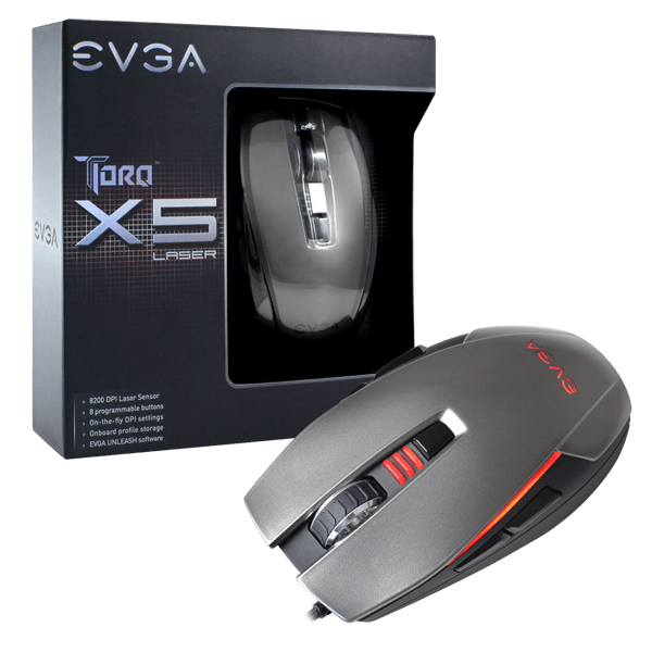 EVGA 901-X1-1051-KR  TORQ X5L Gaming Mouse, Customizable, 8200 DPI, 5 Profiles, 8 Buttons, Ambidextrous 901-X1-1051-KR