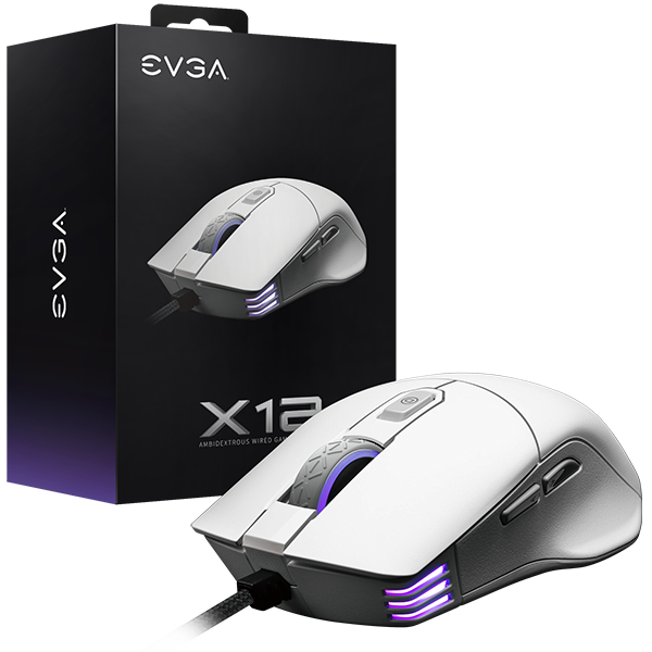 EVGA 905-W1-12WH-K3  X12 Gaming Mouse, 8k, Wired, White, Customizable, Dual Sensor, 16,000 DPI, 5 Profiles, 8 Buttons, Ambidextrous Light Weight, RGB, 905-W1-12WH-K3