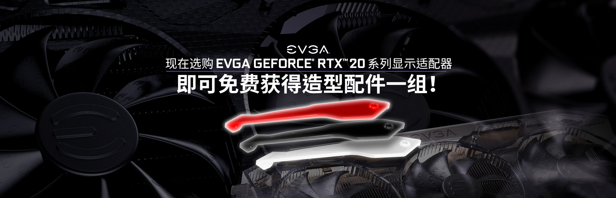 现在选购 EVGA GEFORCE® RTX™ 20 系列显示适配器 即可免费获得造型配件一组！