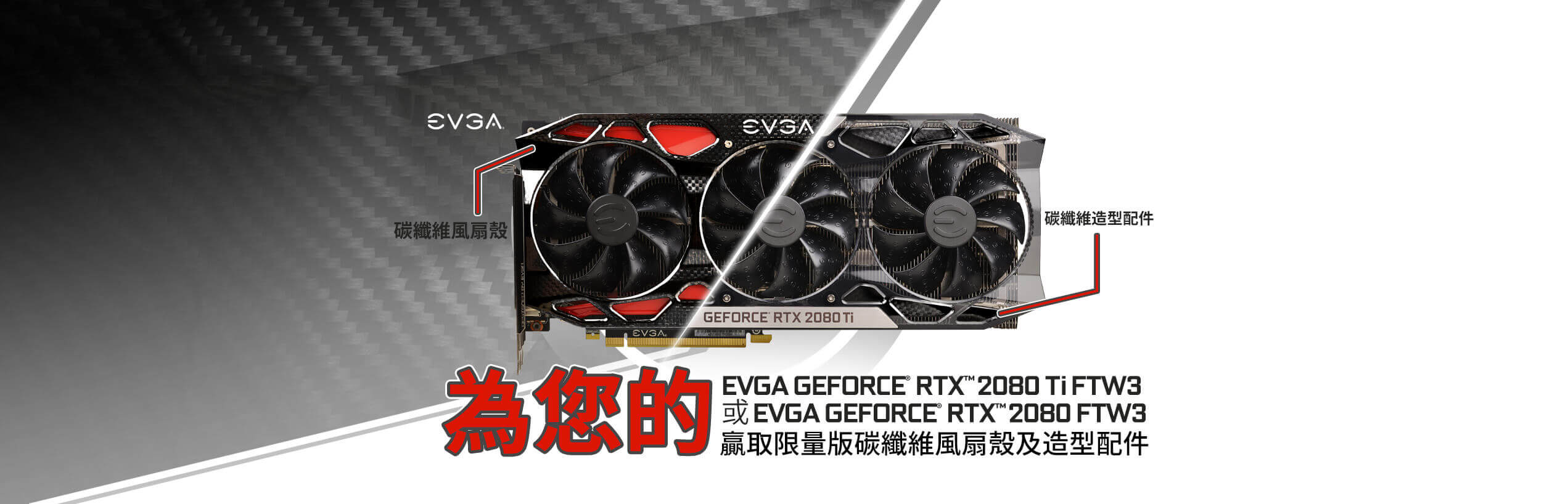 為您的 EVGA GeForce RTX 2080 Ti FTW3 或 RTX 2080 FTW3 贏取限量版碳纖維風扇殼及造型配件